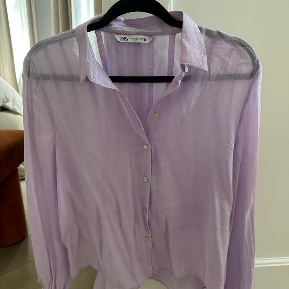 Zara lilac button down semi sheer blouse, size M - Picture 3 of 6